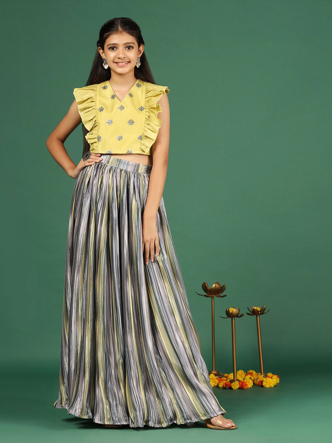 

FASHION DREAM Girls Embroidered Sequinned Ready To Wear Lehenga & Blouse, Yellow