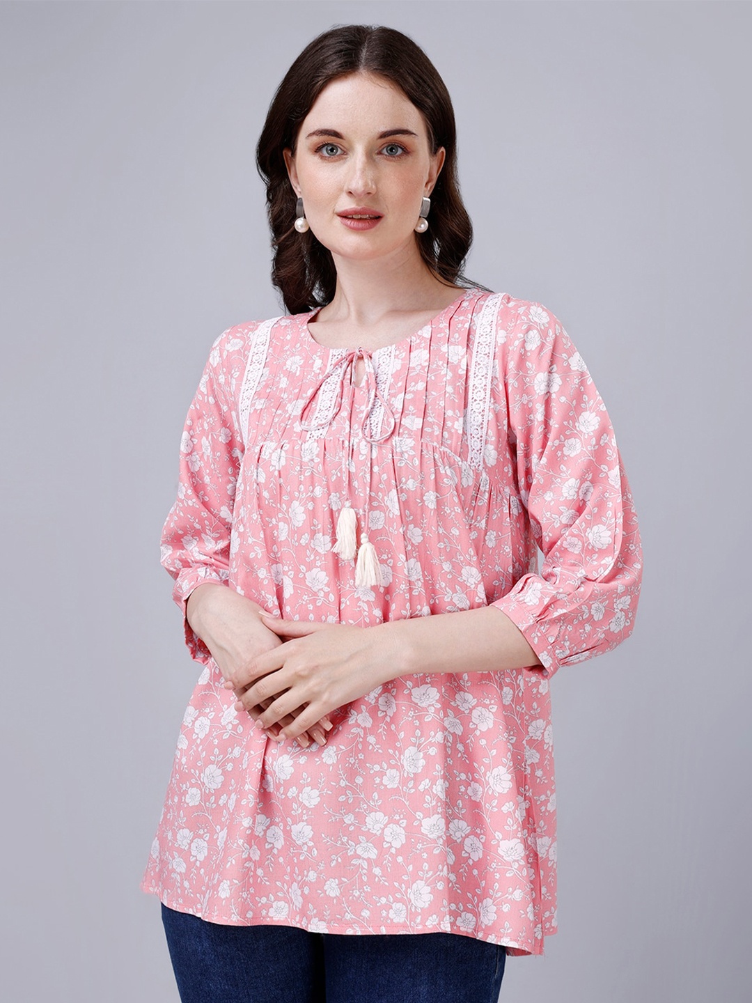 

Fbella Pink Floral Print Tie-Up Neck Cotton Pleated A-Line Top