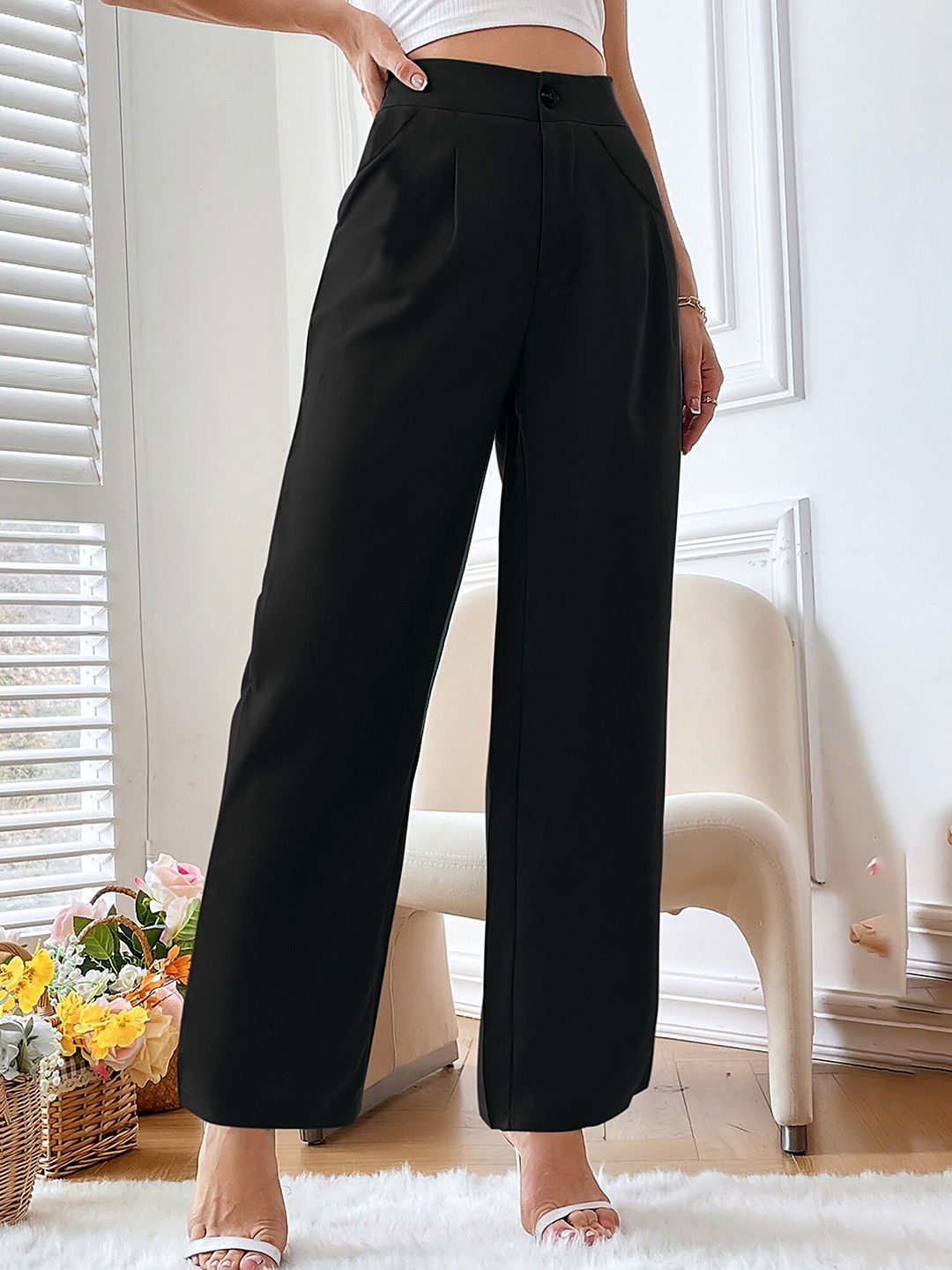 

LULU & SKY Women Loose Fit High-Rise Pleated Parallel Trousers, Black