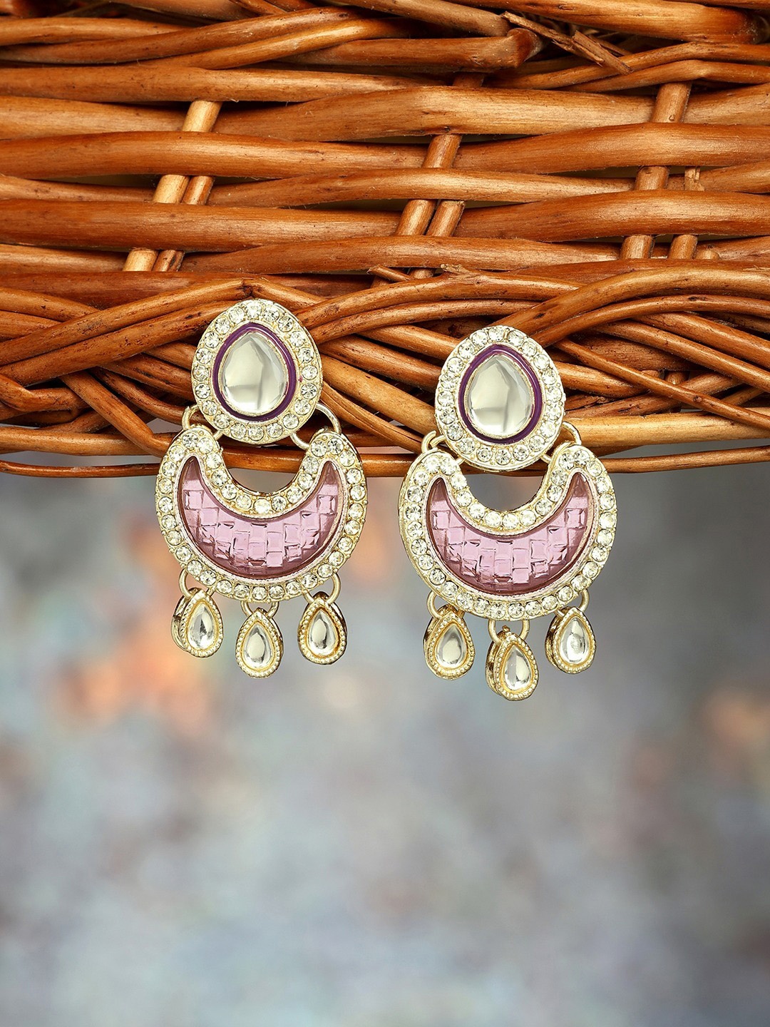 

Zaveri Pearls Austrian Diamonds & Kundan Chandbalis Earrings, Purple