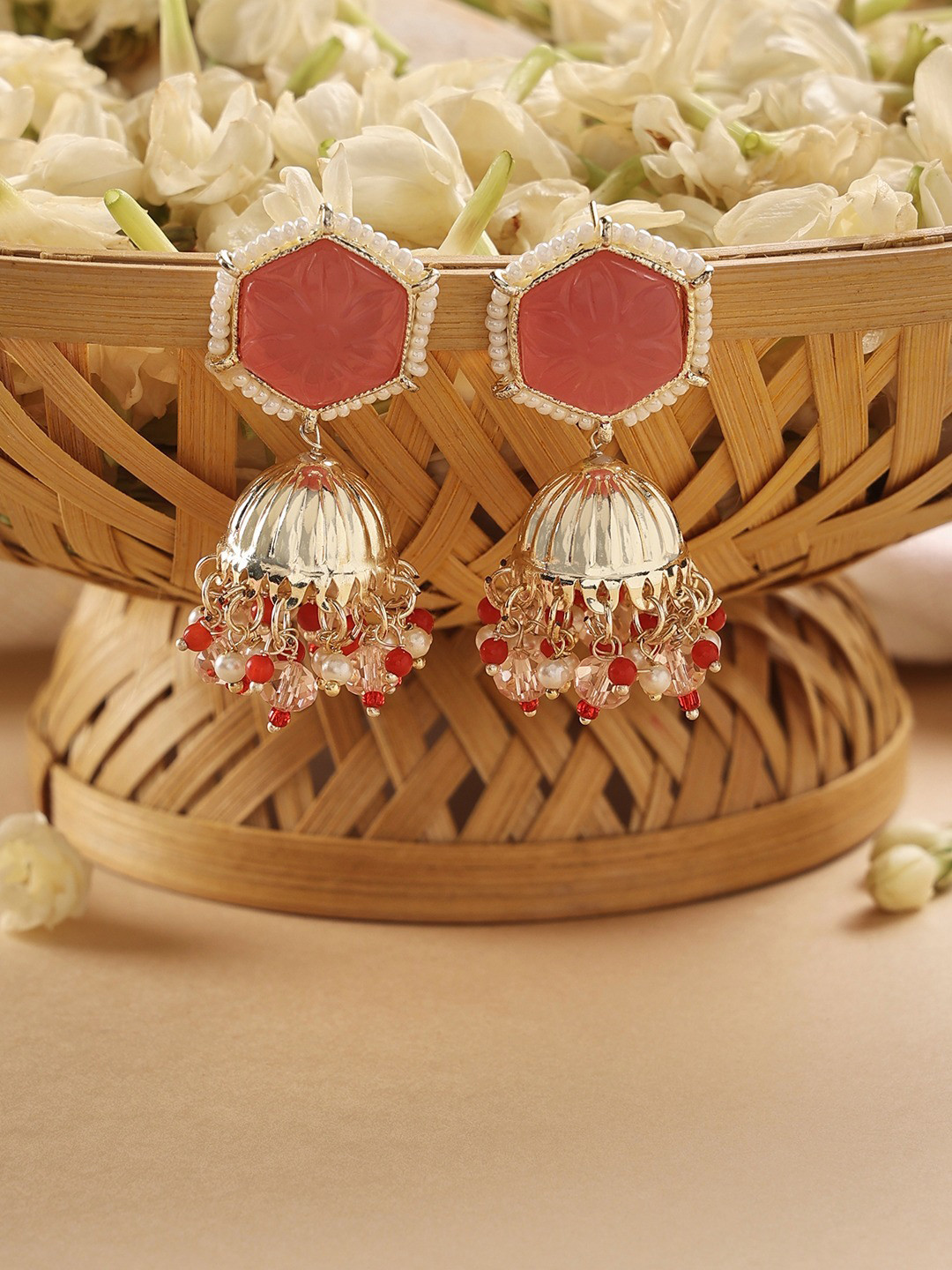 

Zaveri Pearls Dome Shaped Jhumkas Earrings, Peach