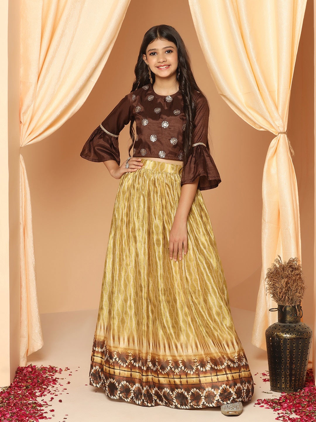 

FASHION DREAM Girls Embroidered Sequinned Ready To Wear Lehenga & Blouse, Brown