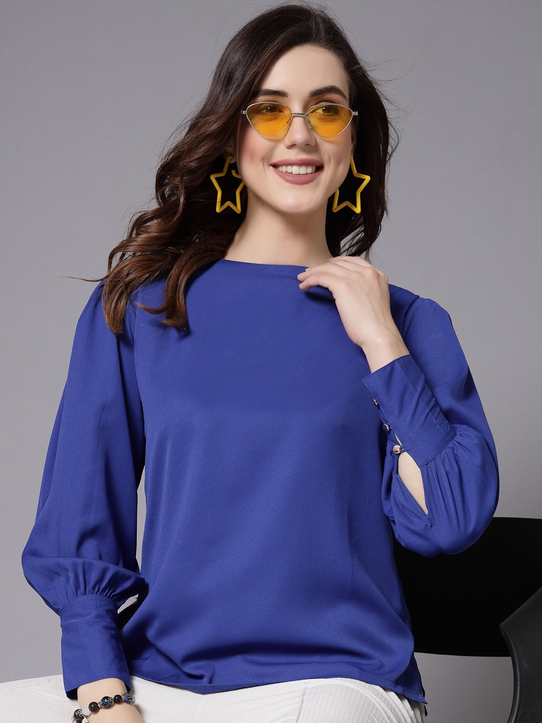

Style Quotient Blue Round Neck Puff Sleeve Top