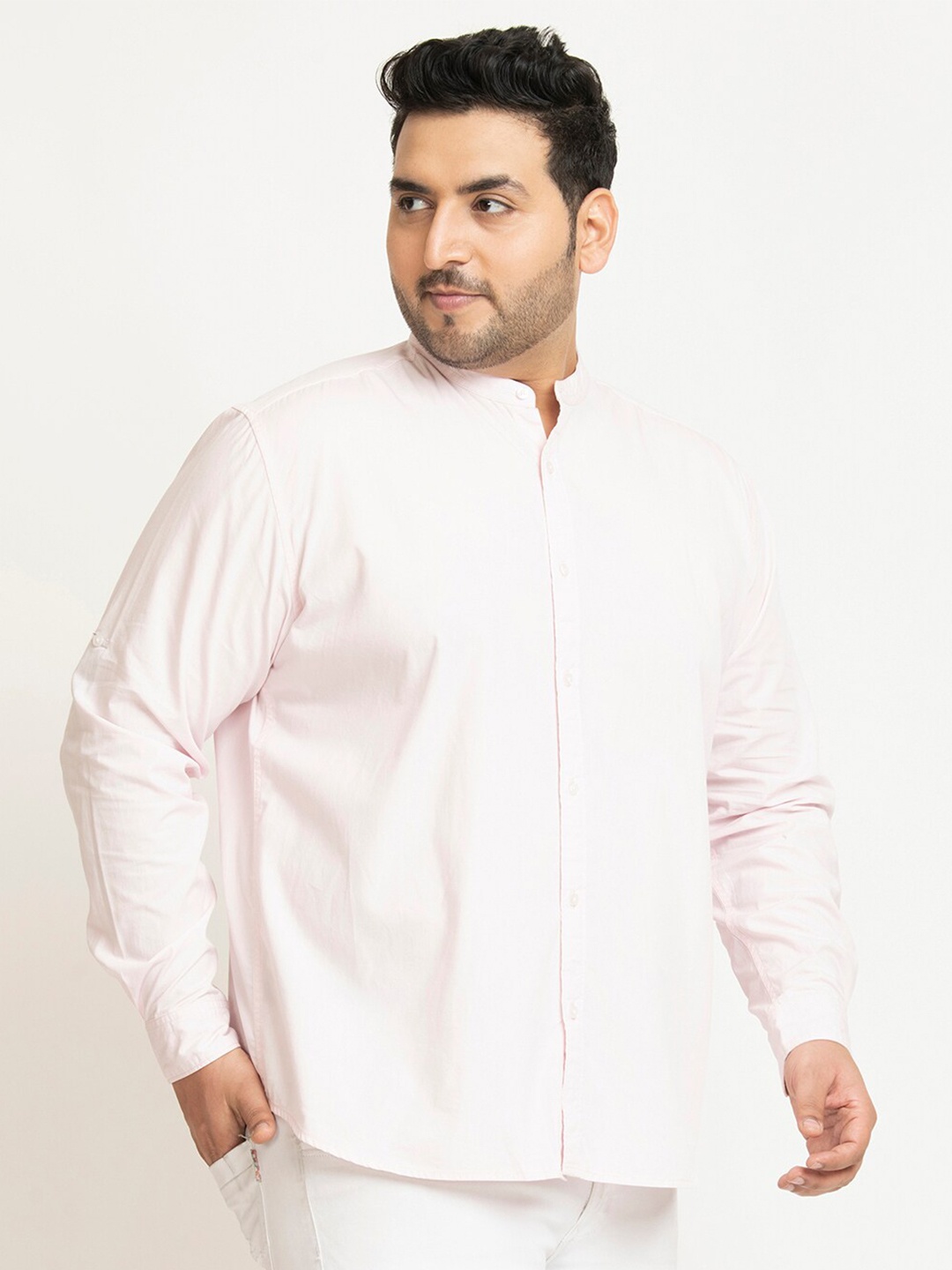 

IVOC Plus Plus Size Opaque Mandarin Collar Cotton Casual Shirt, Pink