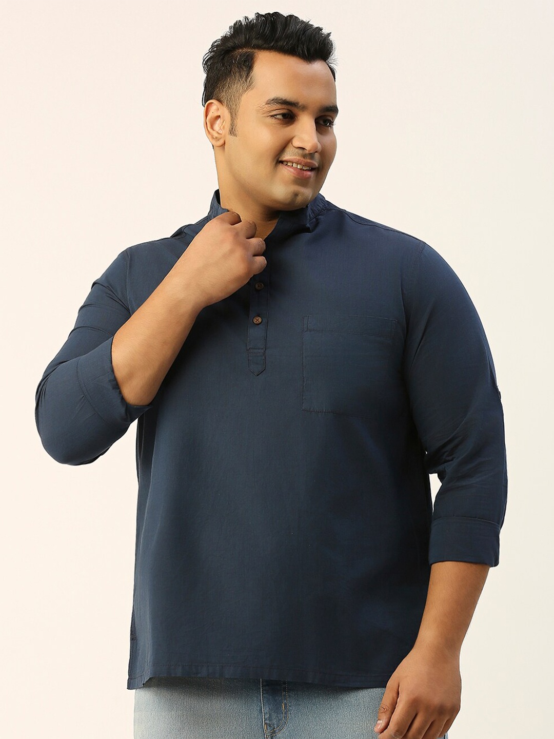 

Sztori Plus Size Band Collar Cotton Straight Kurta, Navy blue
