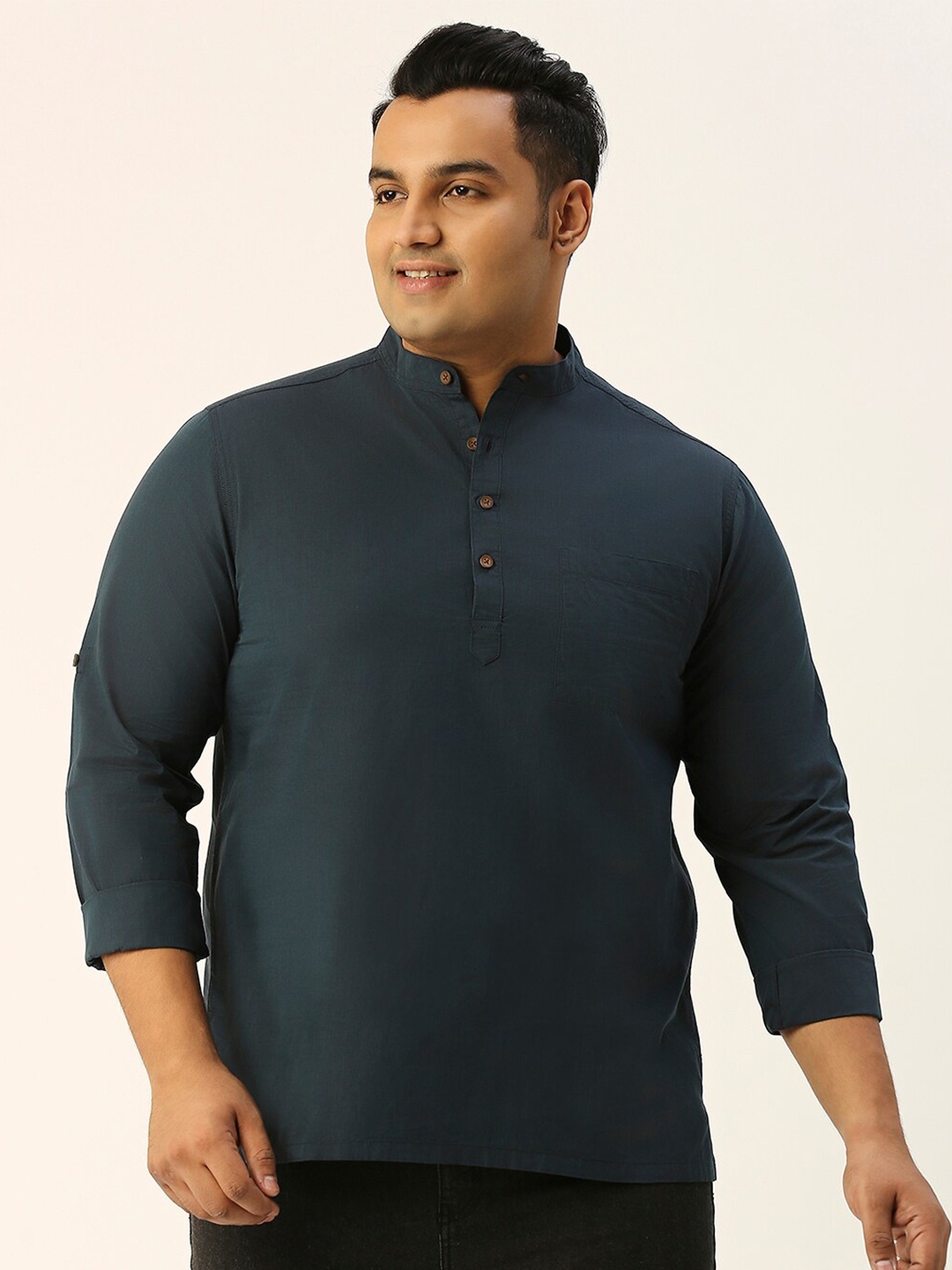 

Sztori Plus Size Band Collar Cotton Straight Kurta, Teal