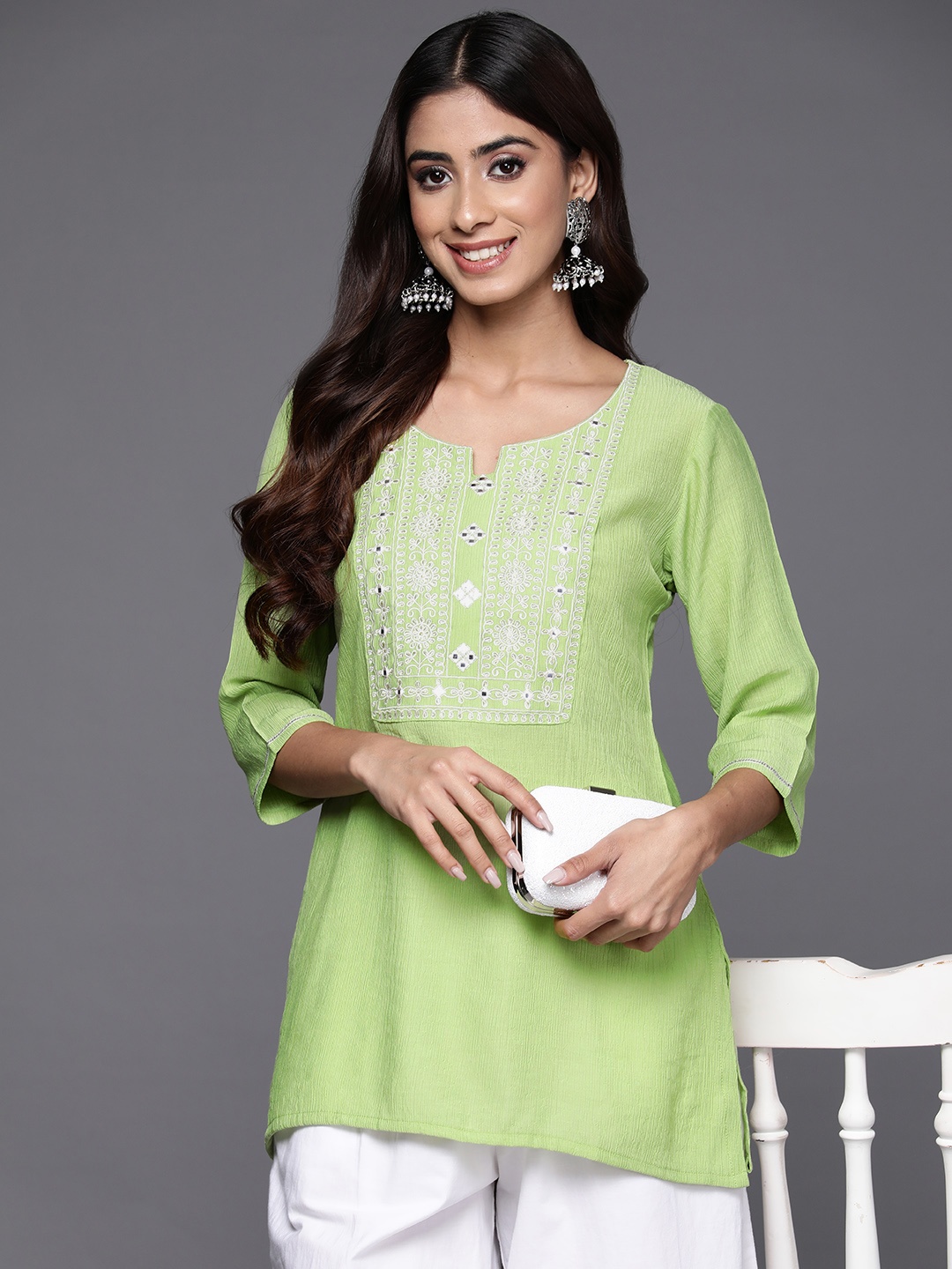 

Libas Floral Yoke Design Mirror Work Kurti, Green