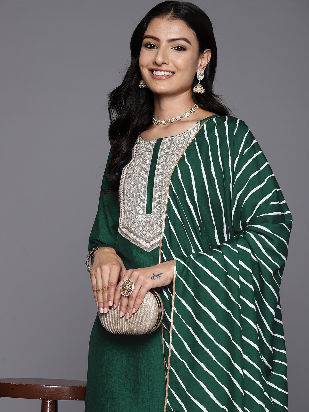 

Libas Women Yoke Design Regular Sequinned Kurta with Trousers & With Dupatta, Green