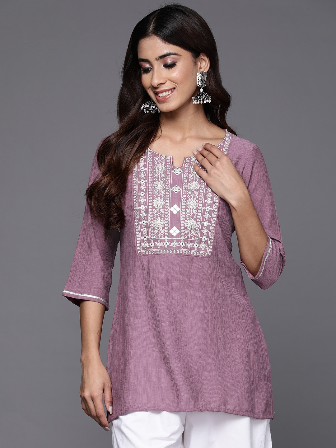 

Libas Floral Yoke Design Mirror Work Kurti, Mauve