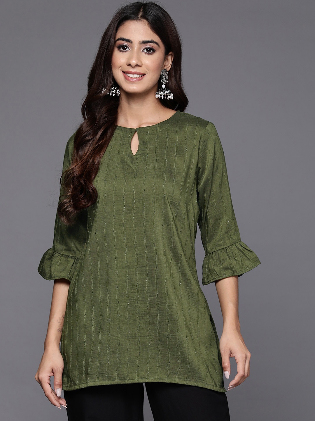 

Libas Striped Bell Sleeves Thread Work Kurti, Olive