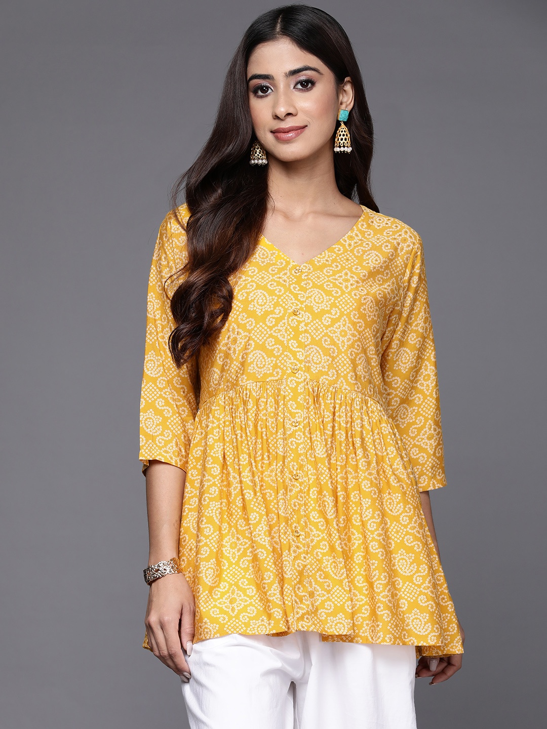 

Libas Bandhani Printed Pleated Kurti, Yellow