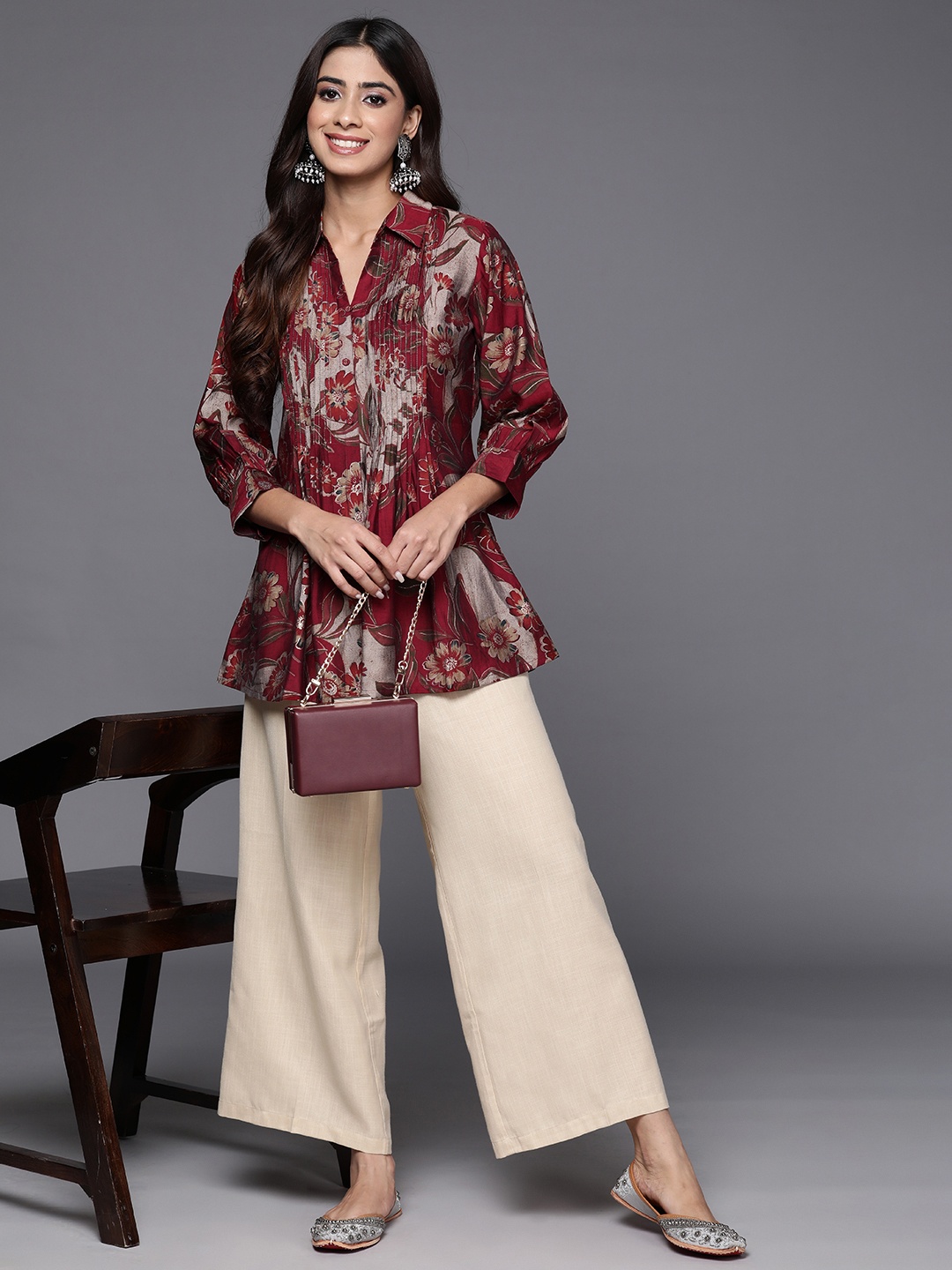

Libas Floral Printed Shirt Collar Zari Pleated Kurti, Maroon