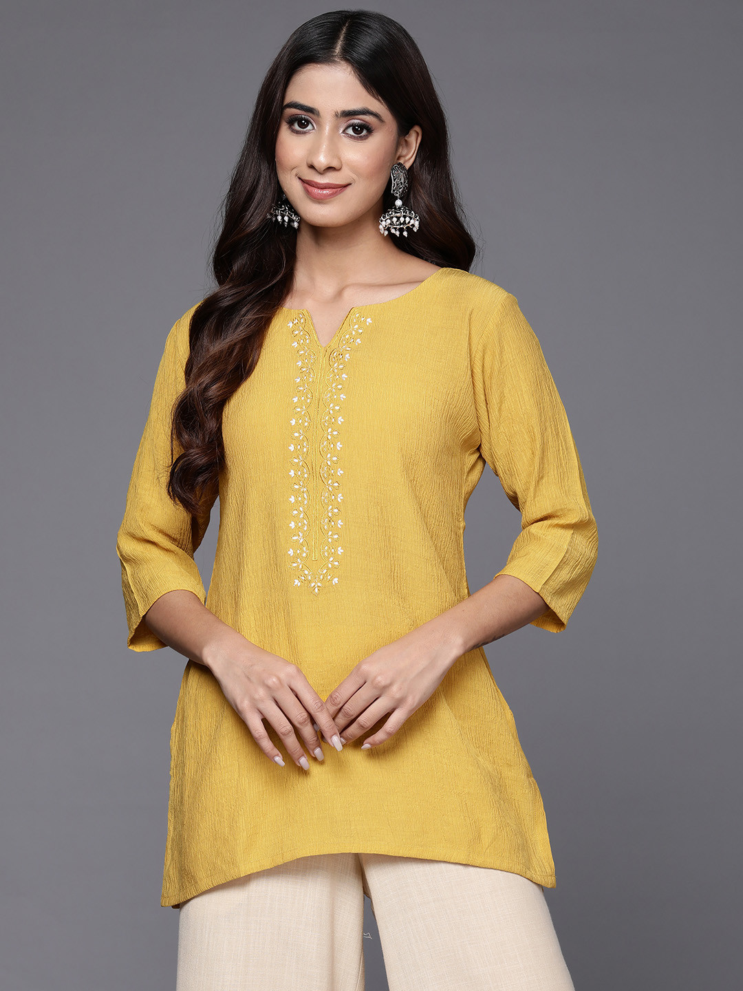 

Libas Floral Yoke Design Thread Work Kurti, Yellow