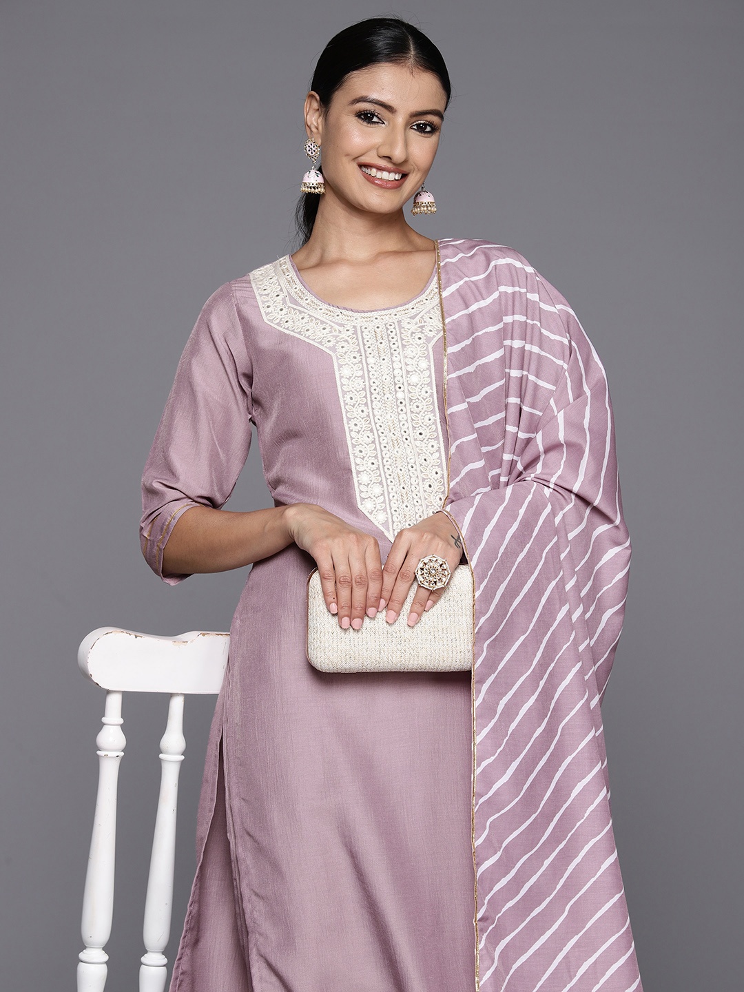 

Libas Women Floral Yoke Design Regular Mirror Work Kurta with Trousers & With Dupatta, Mauve