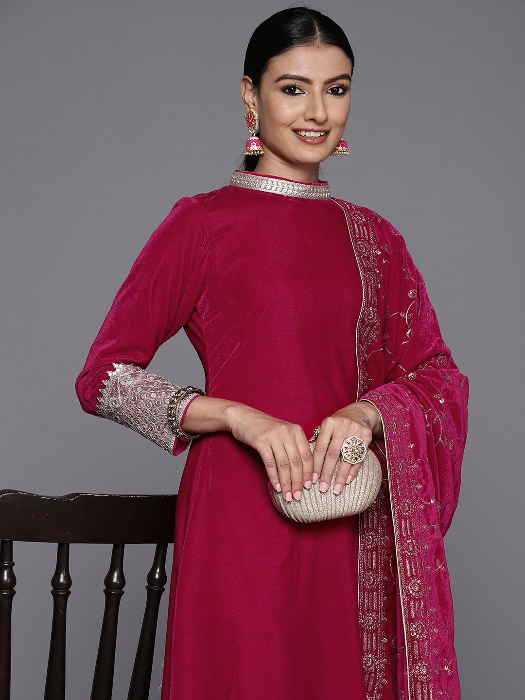 

Libas Women Regular Sequinned Velvet Kurta with Trousers & With Dupatta, Pink