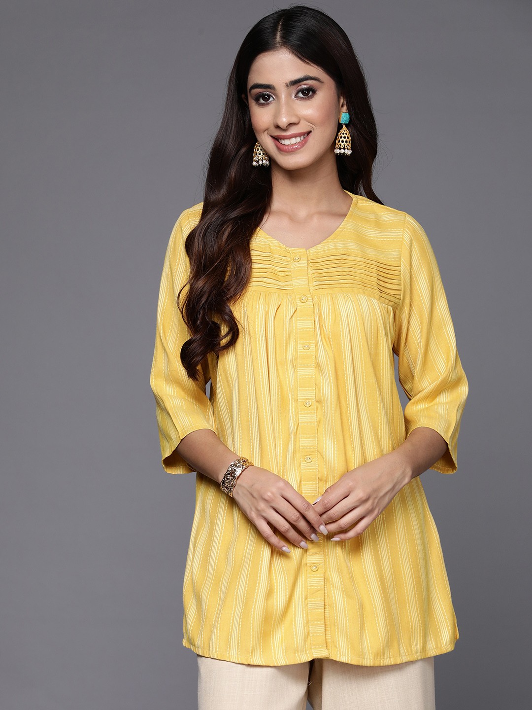 

Libas Woven Design Striped Pleated Kurti, Yellow