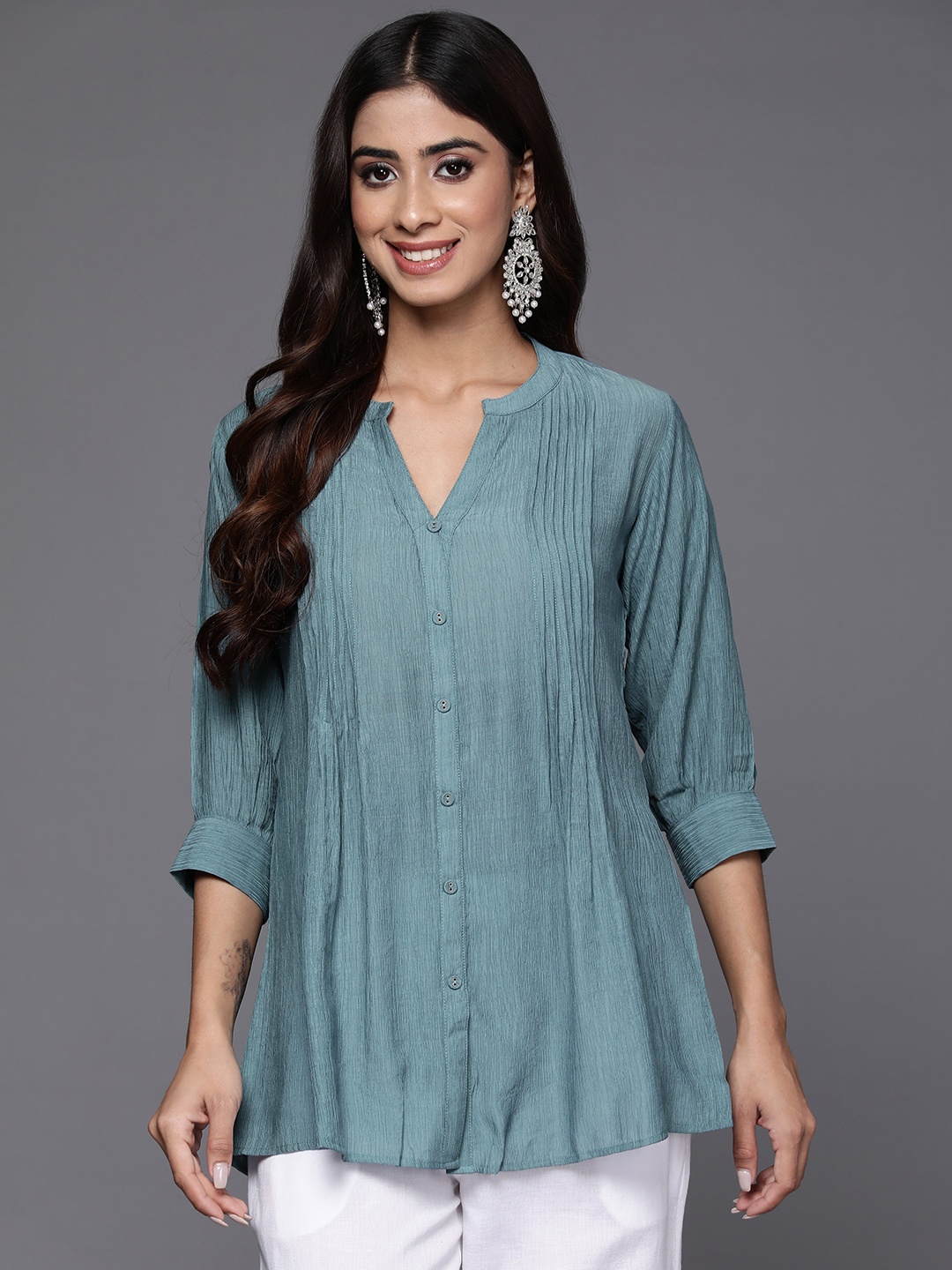 

Libas Mandarin Collar Puff Sleeves Pleated Kurti, Grey