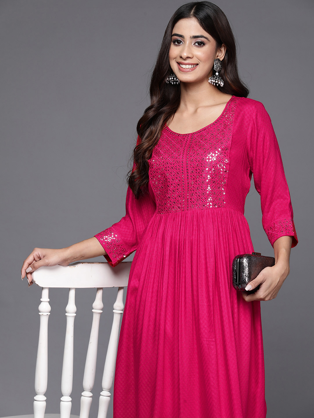 

Libas Yoke Design Sequinned Jacquard Kurta, Pink