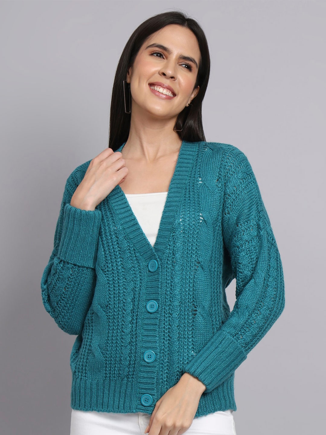 

BROOWL Cable Knit V-Neck Woollen Cardigan, Teal