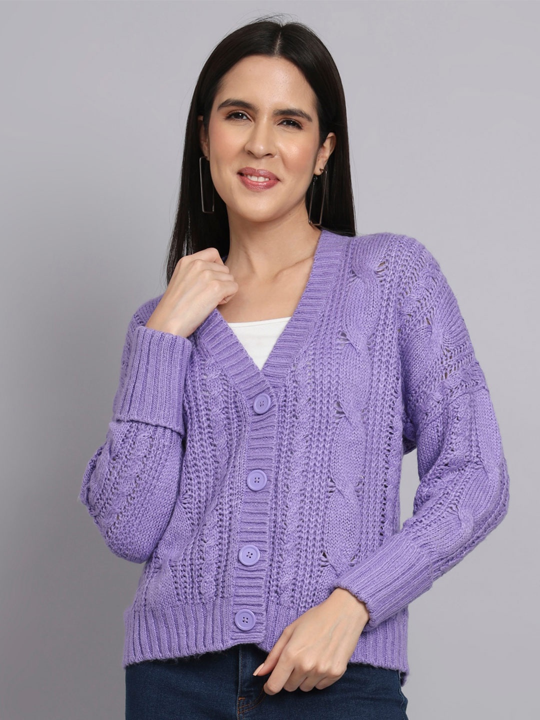 

BROOWL Cable Knit V-Neck Woollen Cardigan, Lavender