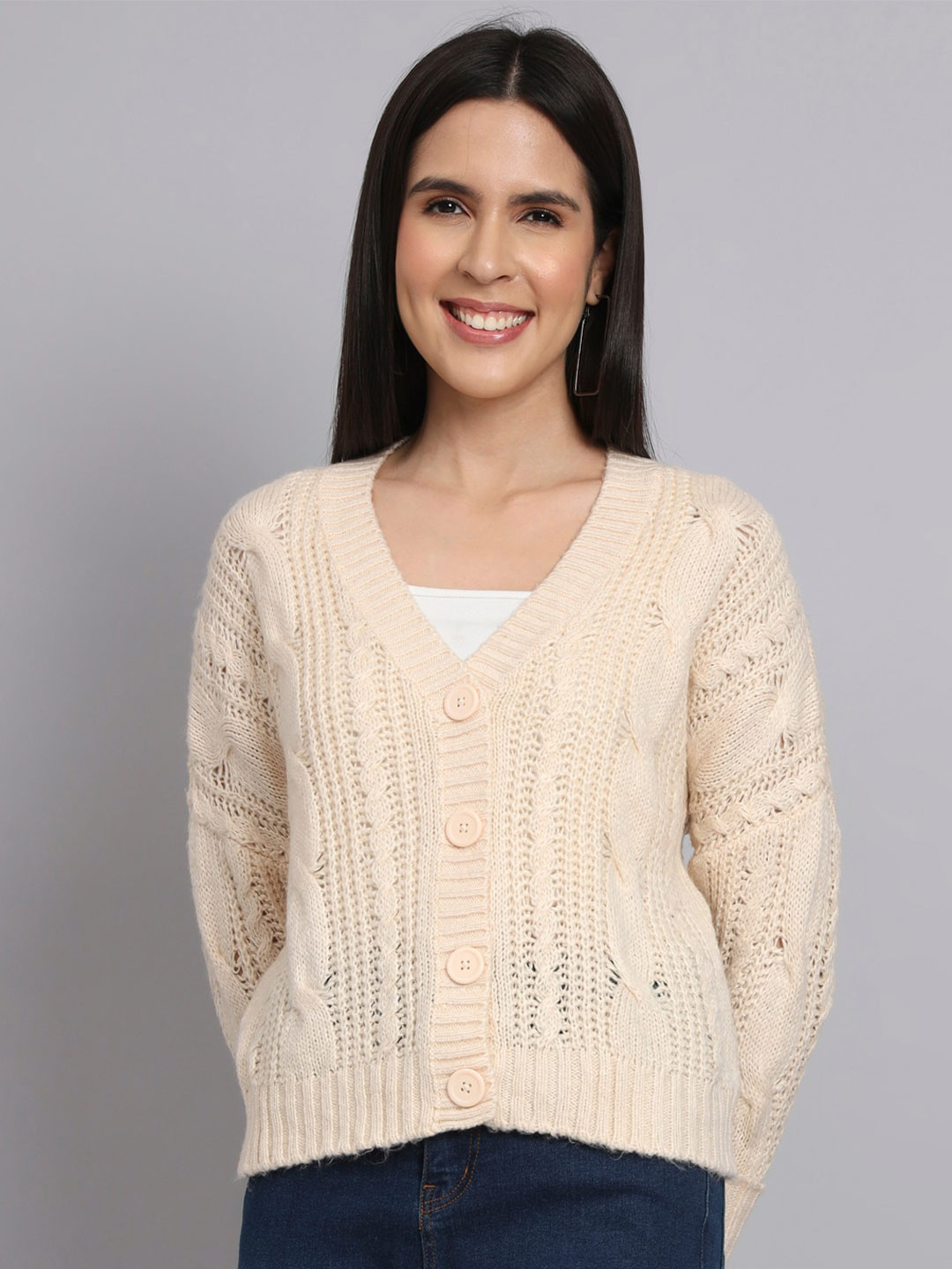

BROOWL Cable Knit V-Neck Woollen Cardigan, Cream