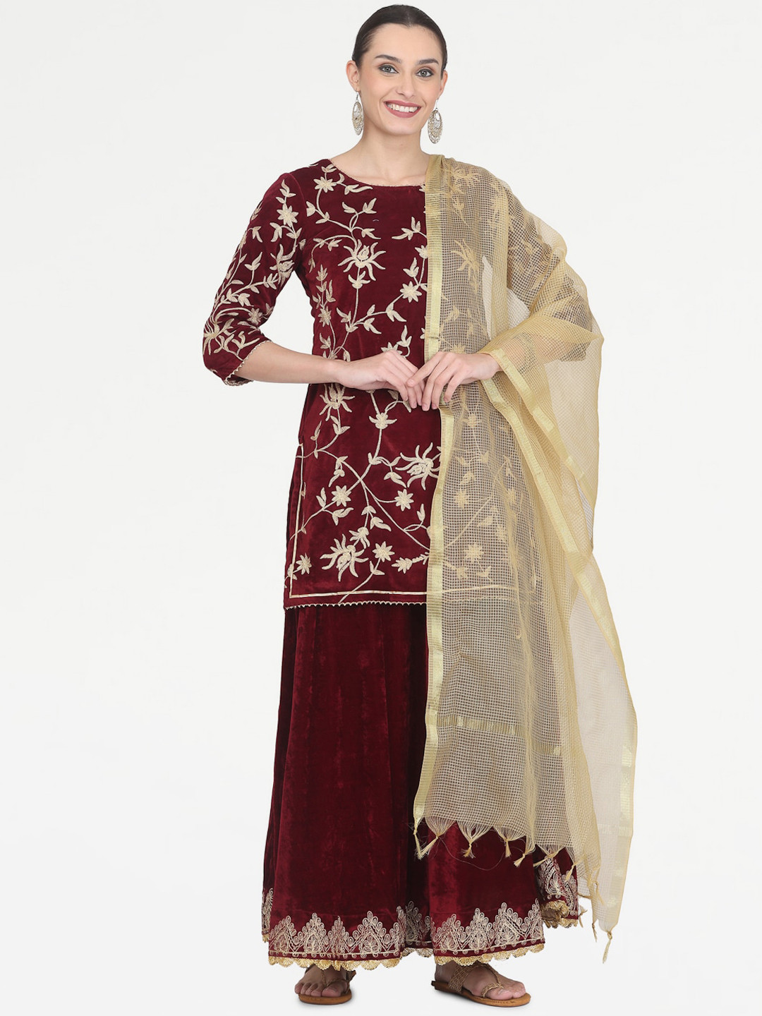 

KAANCHIE NANGGIA Ethnic Motifs Embroidered Velvet Kurta & Skirt With Dupatta, Maroon