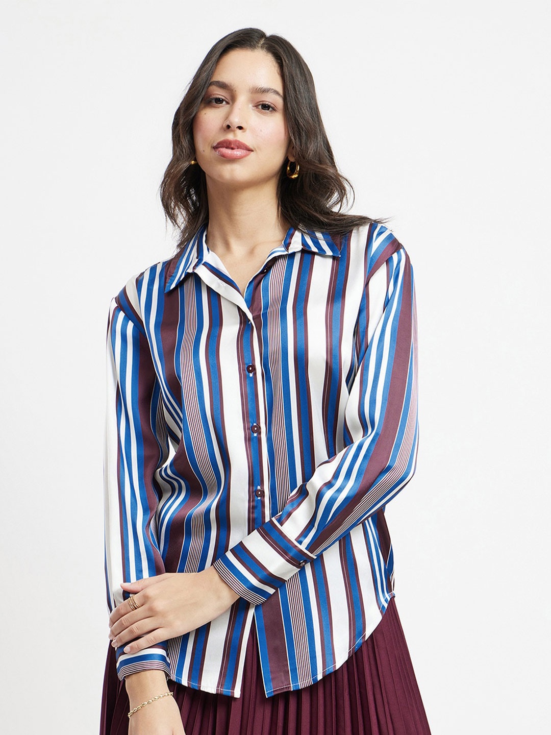 

FableStreet Women Navy Blue Relaxed Opaque Striped Formal Shirt