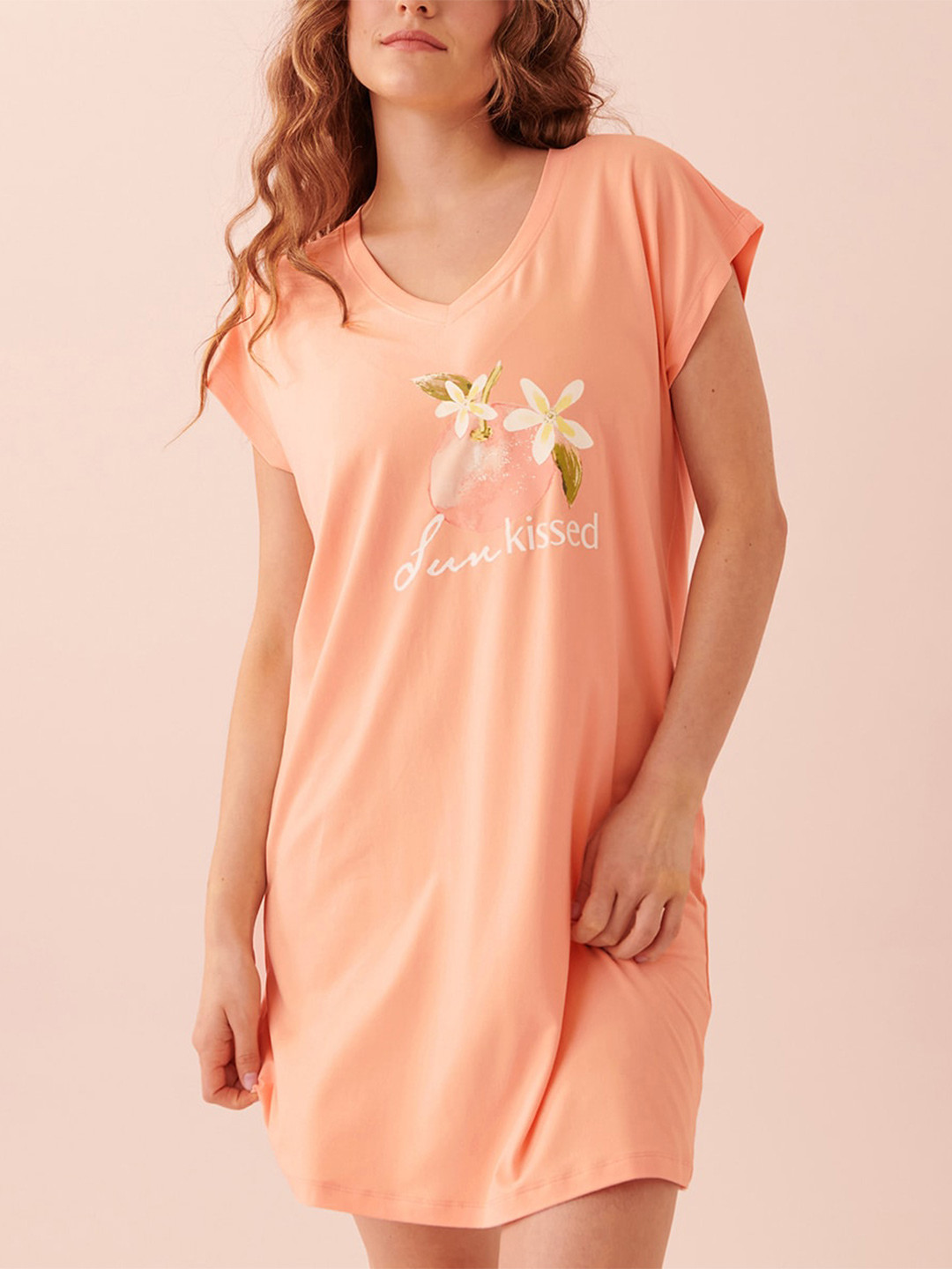 

La Vie en Rose Floral Printed Round Neck T-Shirt Nightdress, Orange