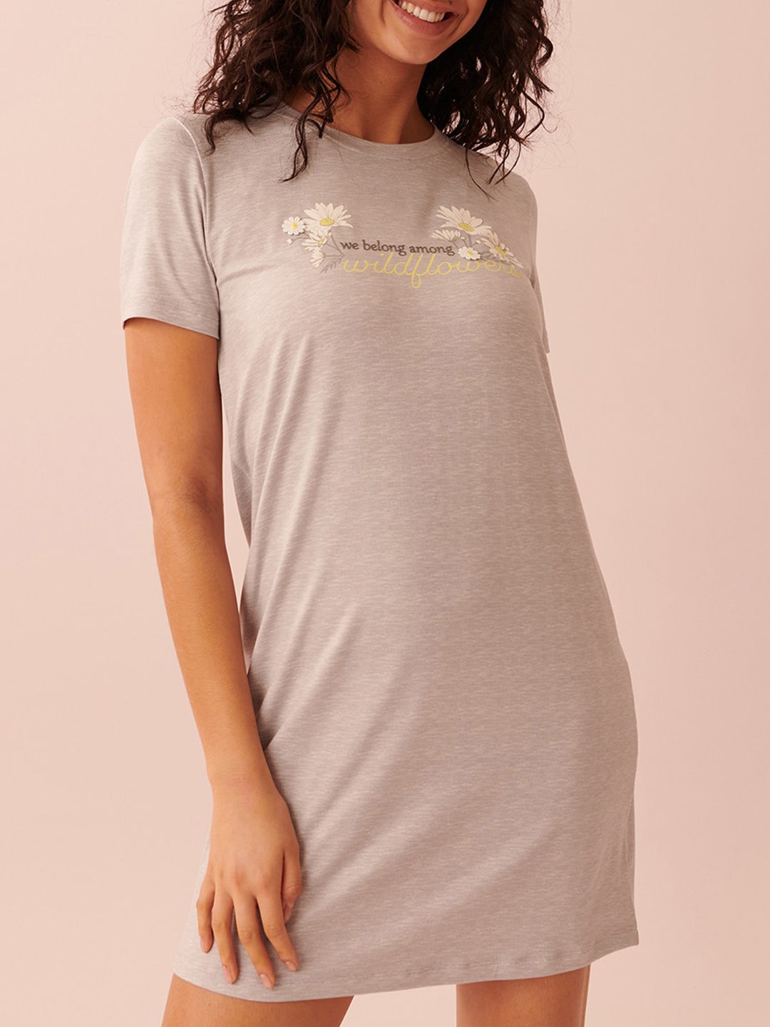 

La Vie en Rose Typography Printed T-shirt Nightdress, Grey