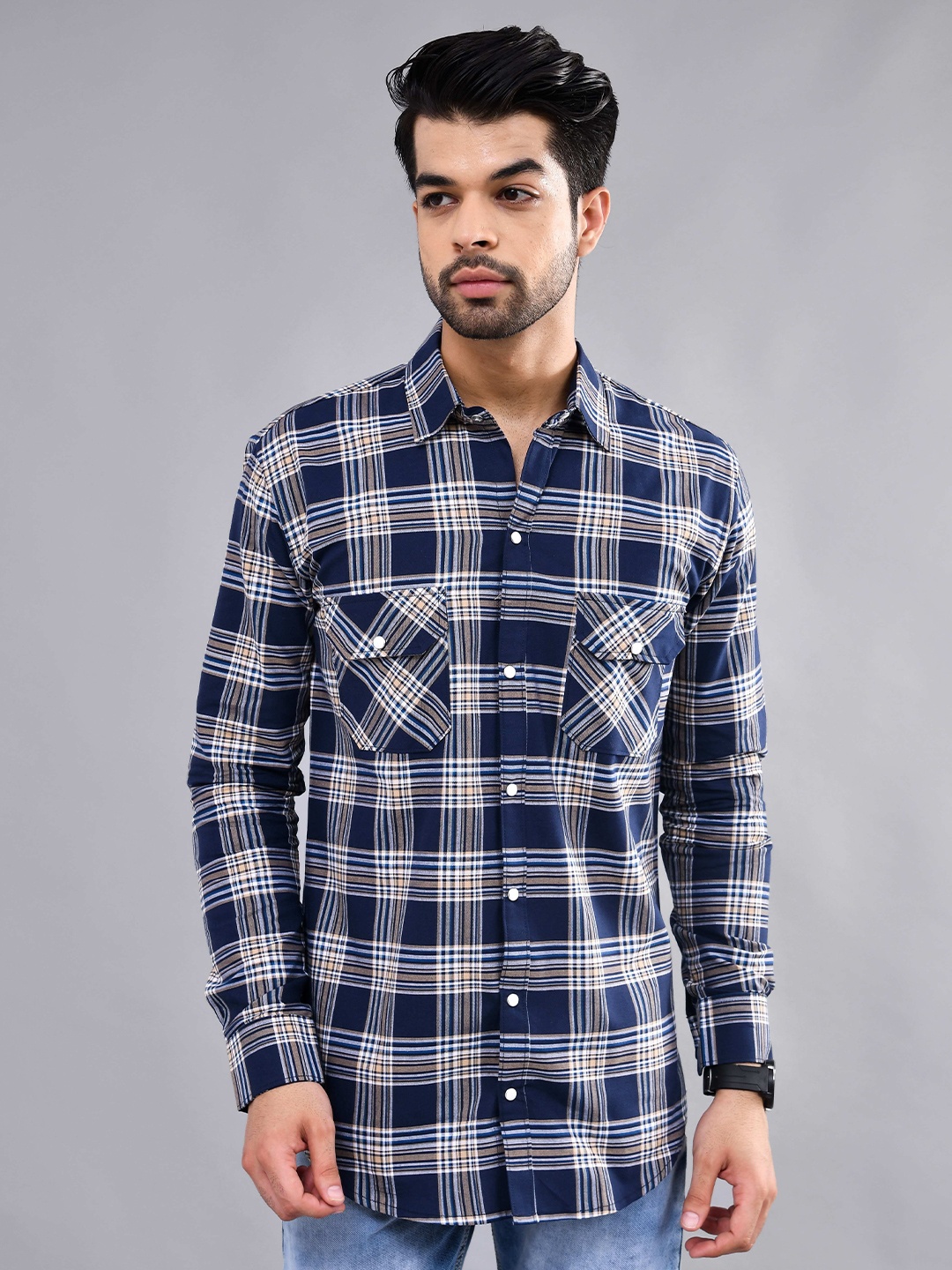

DEZANO Modern Tartan Checks Spread Collar Long Sleeves Casual Shirt, Blue