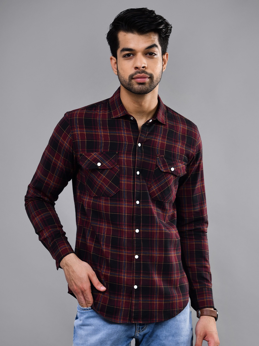 

DEZANO Modern Tartan Checks Spread Collar Long Sleeves Casual Shirt, Black