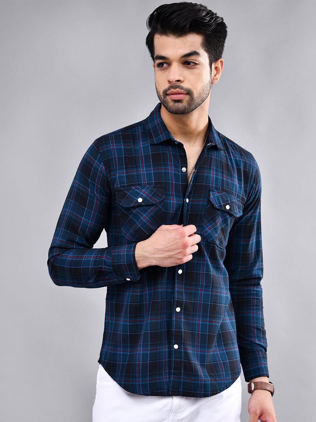 

DEZANO Modern Checked Spread Collar Long Sleeves Casual Shirt, Blue