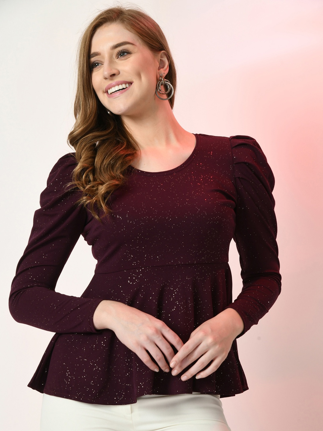 

IUGA Embellished Round Neck Puff Sleeve Peplum Top, Purple