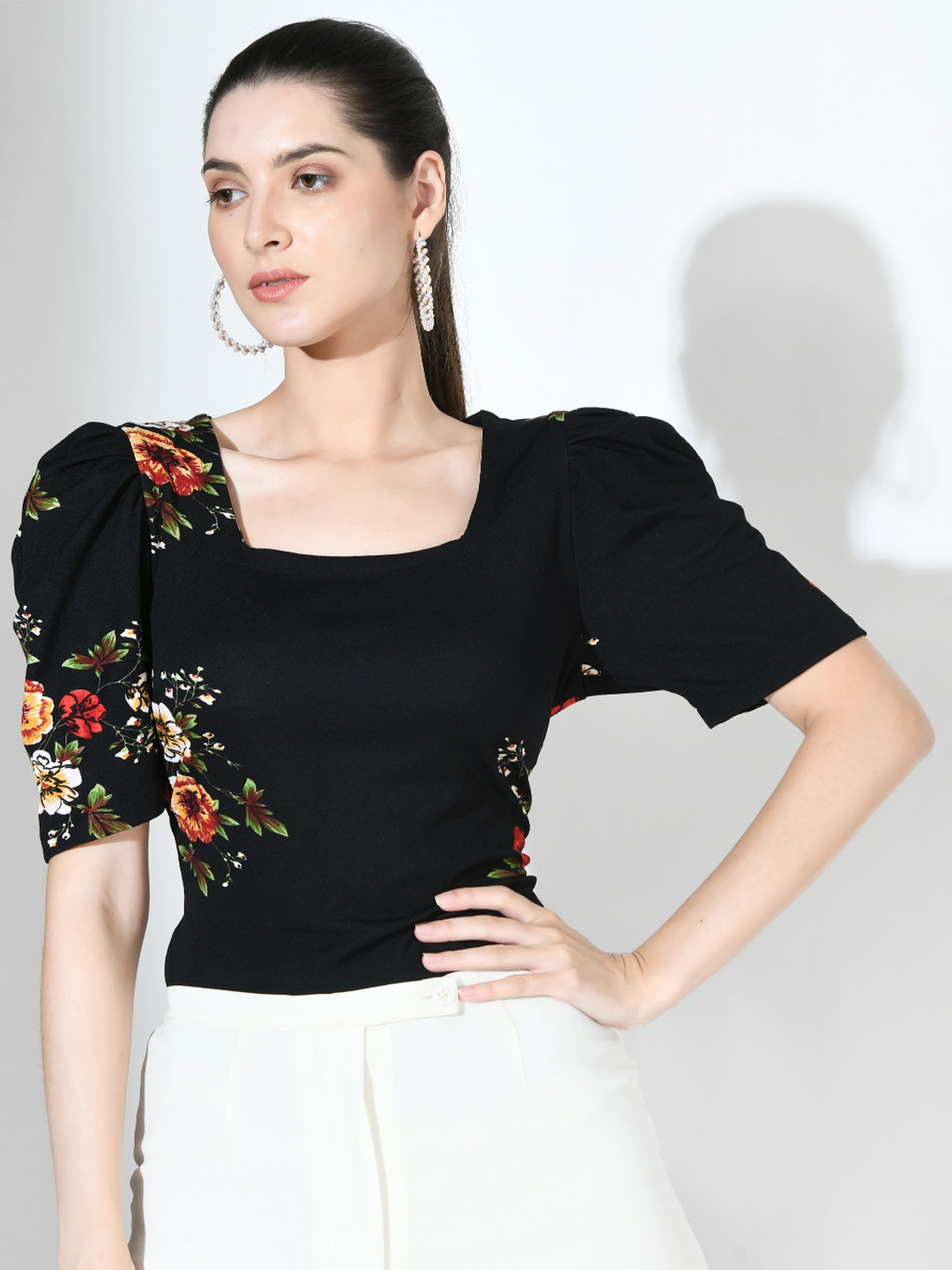 

IUGA Floral Printed Puff Sleeves Top, Black