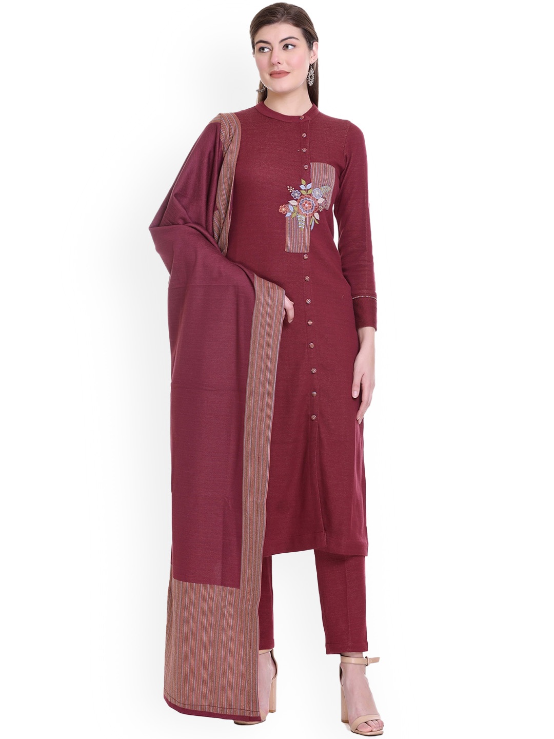 

STADO Floral Embroidered Regular Thread Work Kurta With Trousers & Dupatta, Maroon