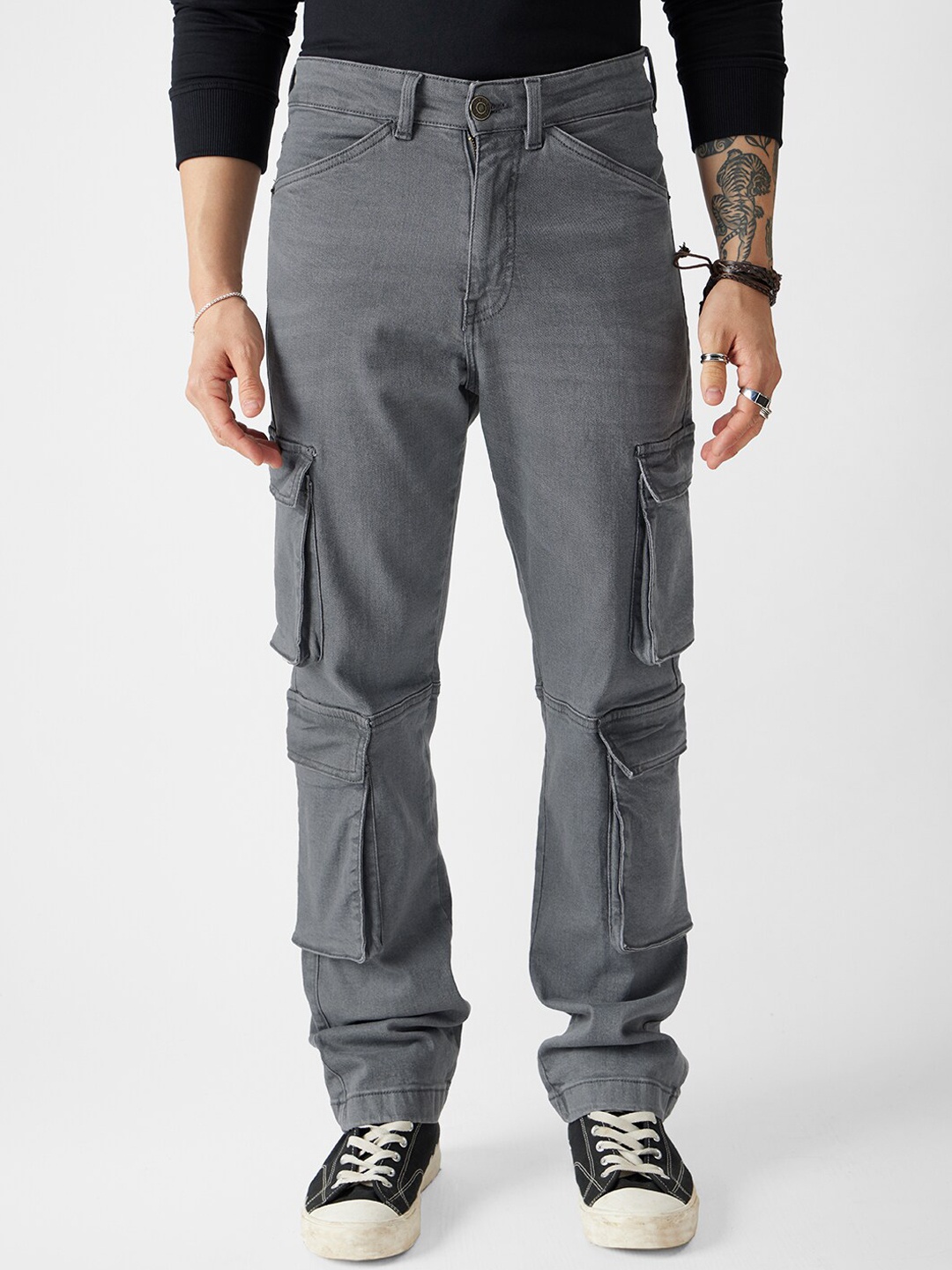 

The Souled Store Men Grey Stretchable Denim Cargos