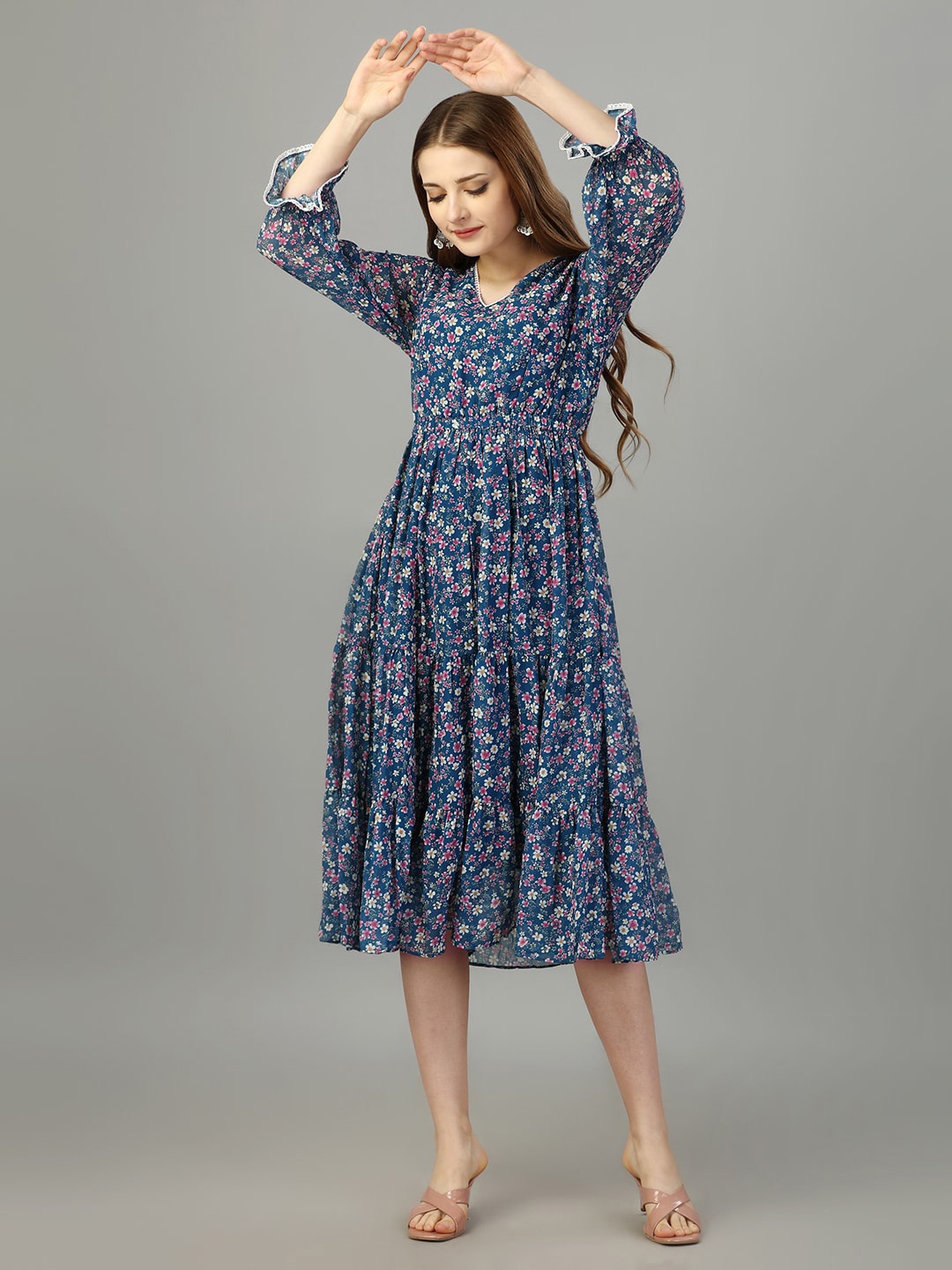 

Fbella Floral Printed V-Neck Layered Georgette Fit & Flare Midi Dress, Blue