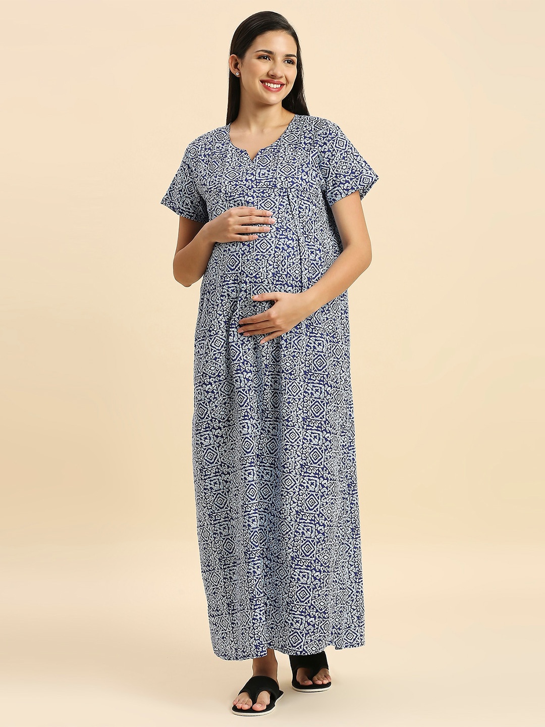 

MomToBe Ethnic Motifs Printed V-Neck Pure Cotton Maxi Maternity Nightdress, Blue