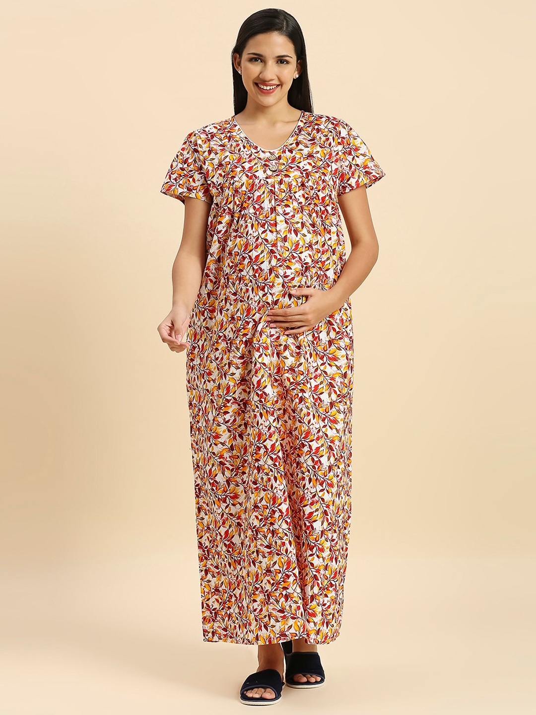 

MomToBe Floral Printed Pure Cotton Maxi Maternity Nightdress, Red