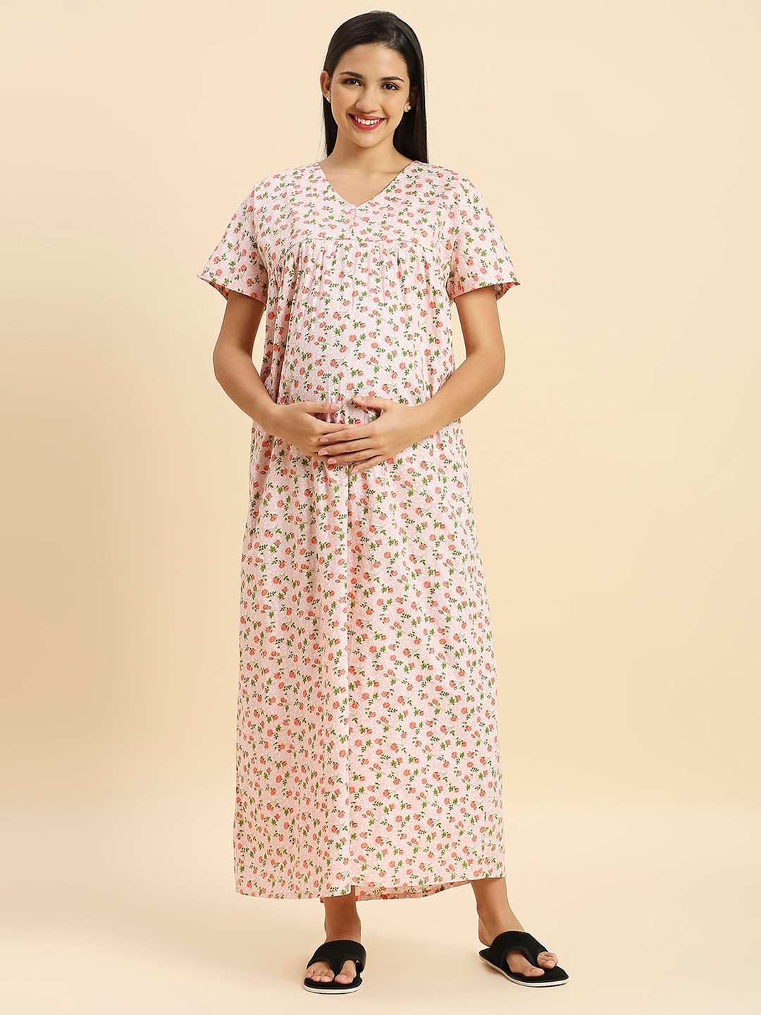 

MomToBe Floral Printed Pure Cotton Maxi Maternity Nightdress, Peach