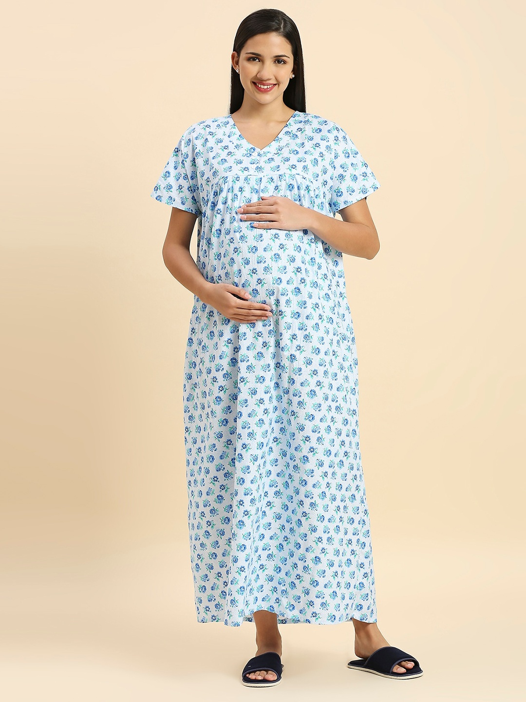 

MomToBe Floral Printed V-Neck Pure Cotton Maxi Maternity Nightdress, Blue