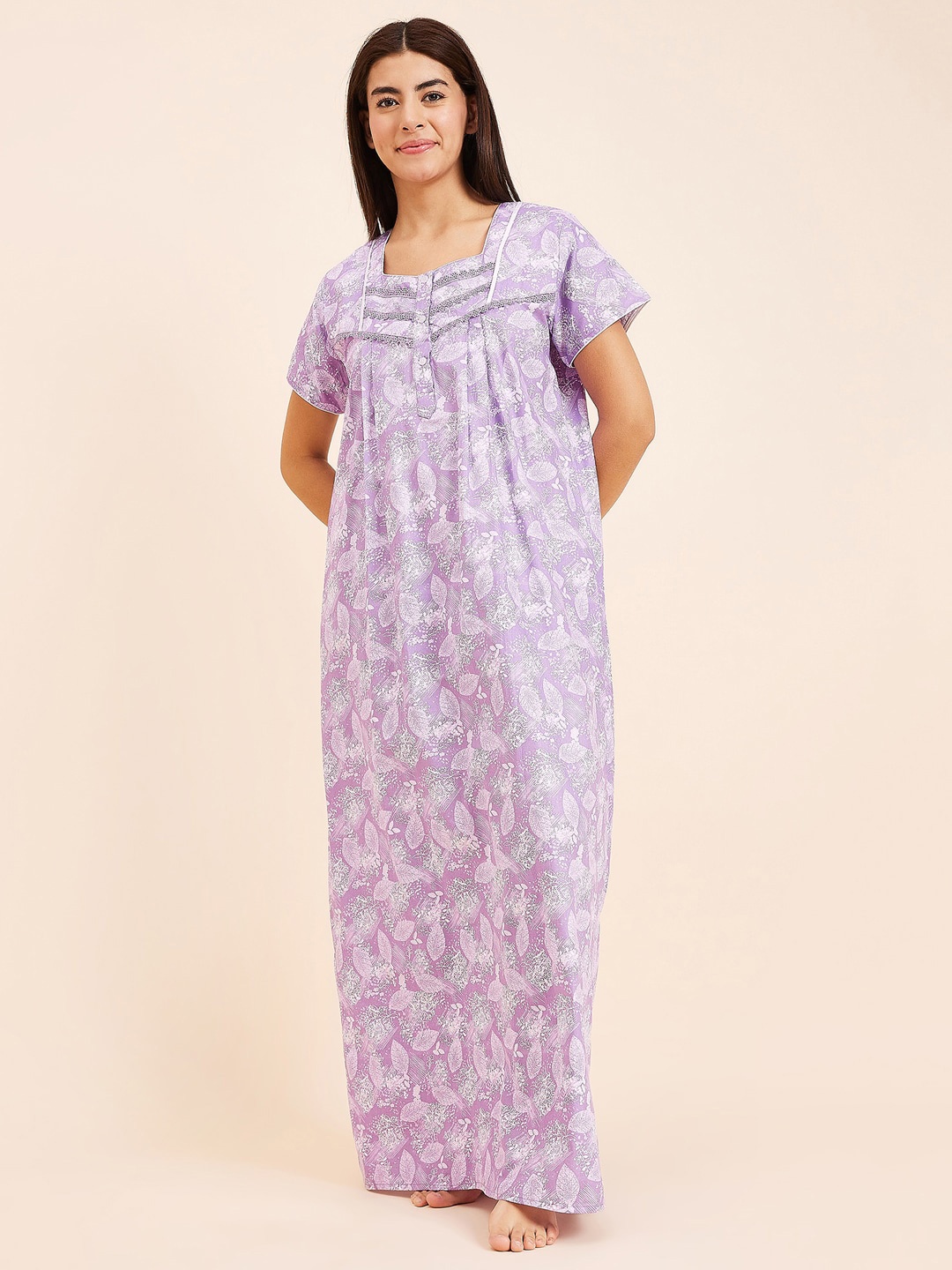 

Sweet Dreams Purple Floral Printed Square Neck Pure Cotton Maxi Nightdress