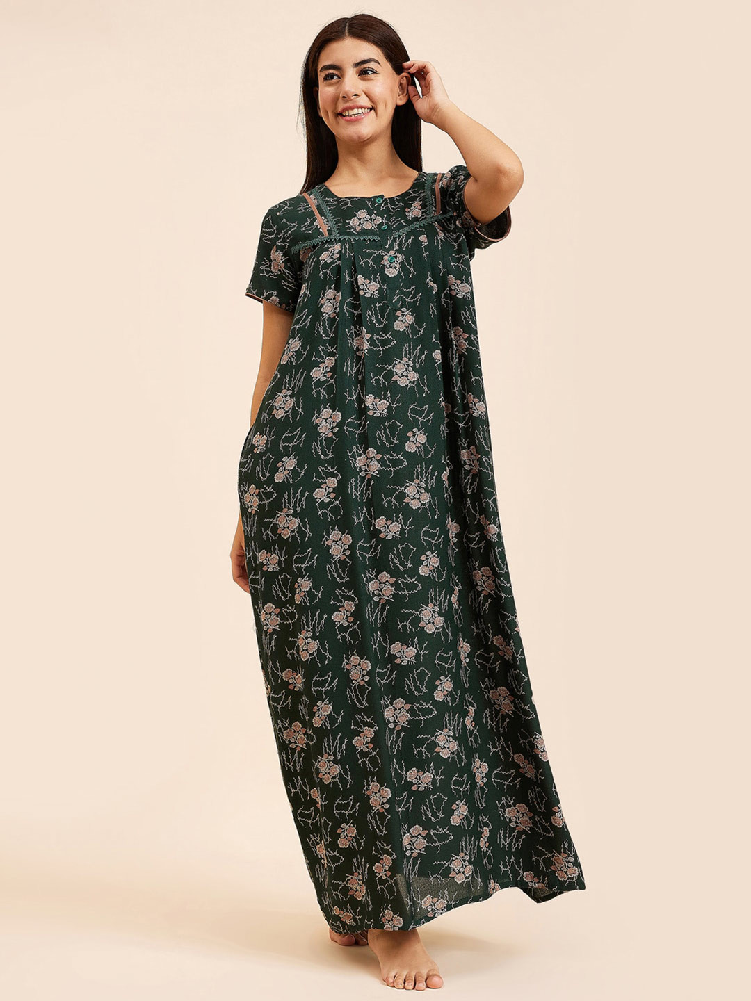 

Sweet Dreams Green Floral Printed Pure Cotton Maxi Nightdress