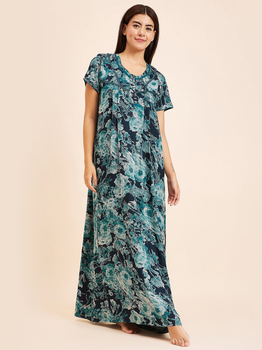 

Sweet Dreams Green Floral Printed Pure Cotton Maxi Nightdress