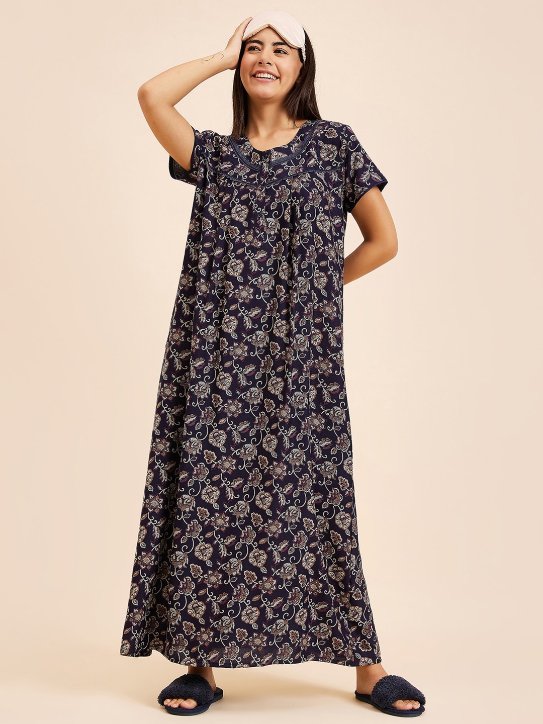 

Sweet Dreams Navy Blue Floral Printed Pure Cotton Maxi Nightdress