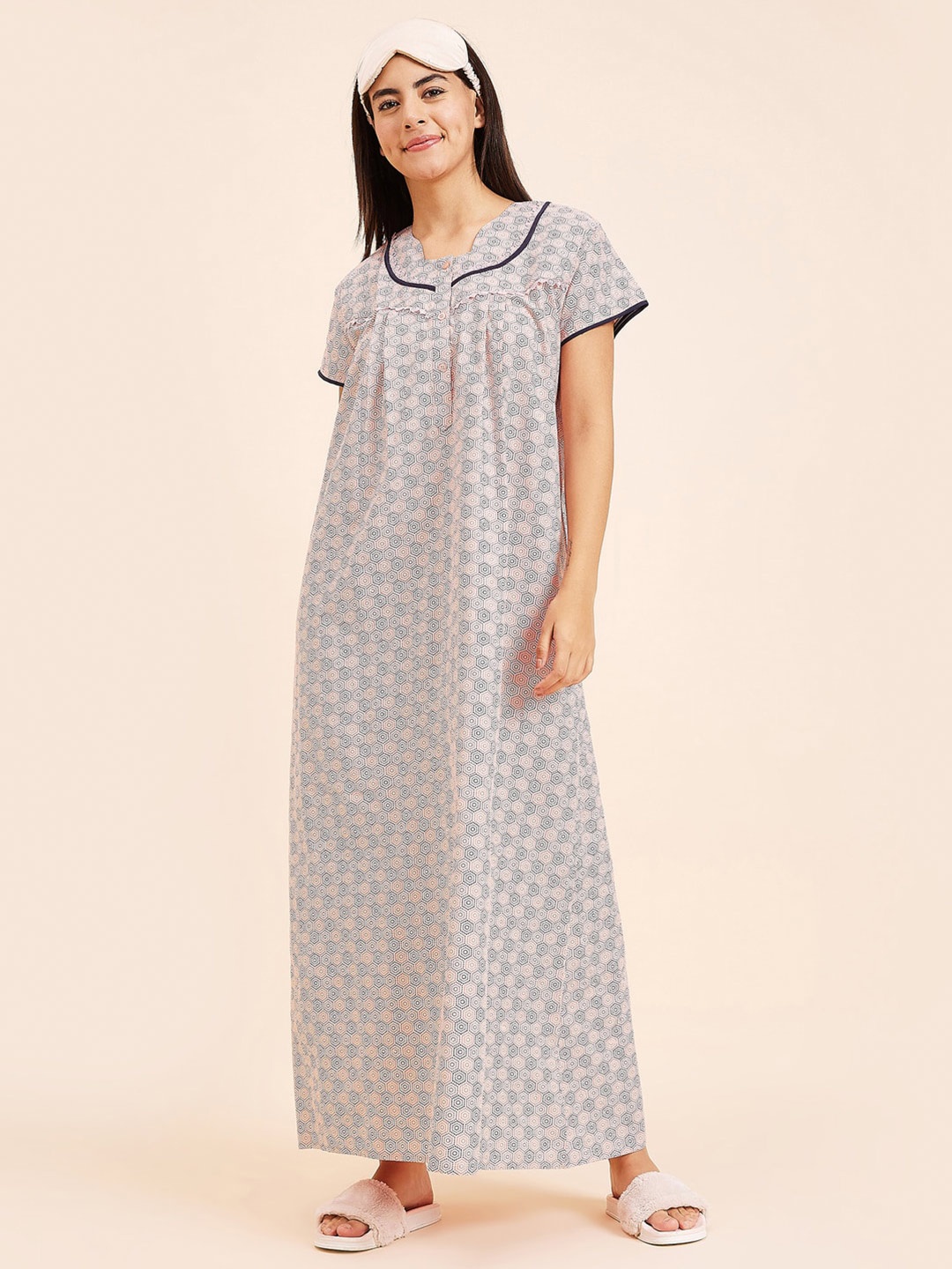 

Sweet Dreams Geometric Printed Pure Cotton Maxi Nightdress, Peach