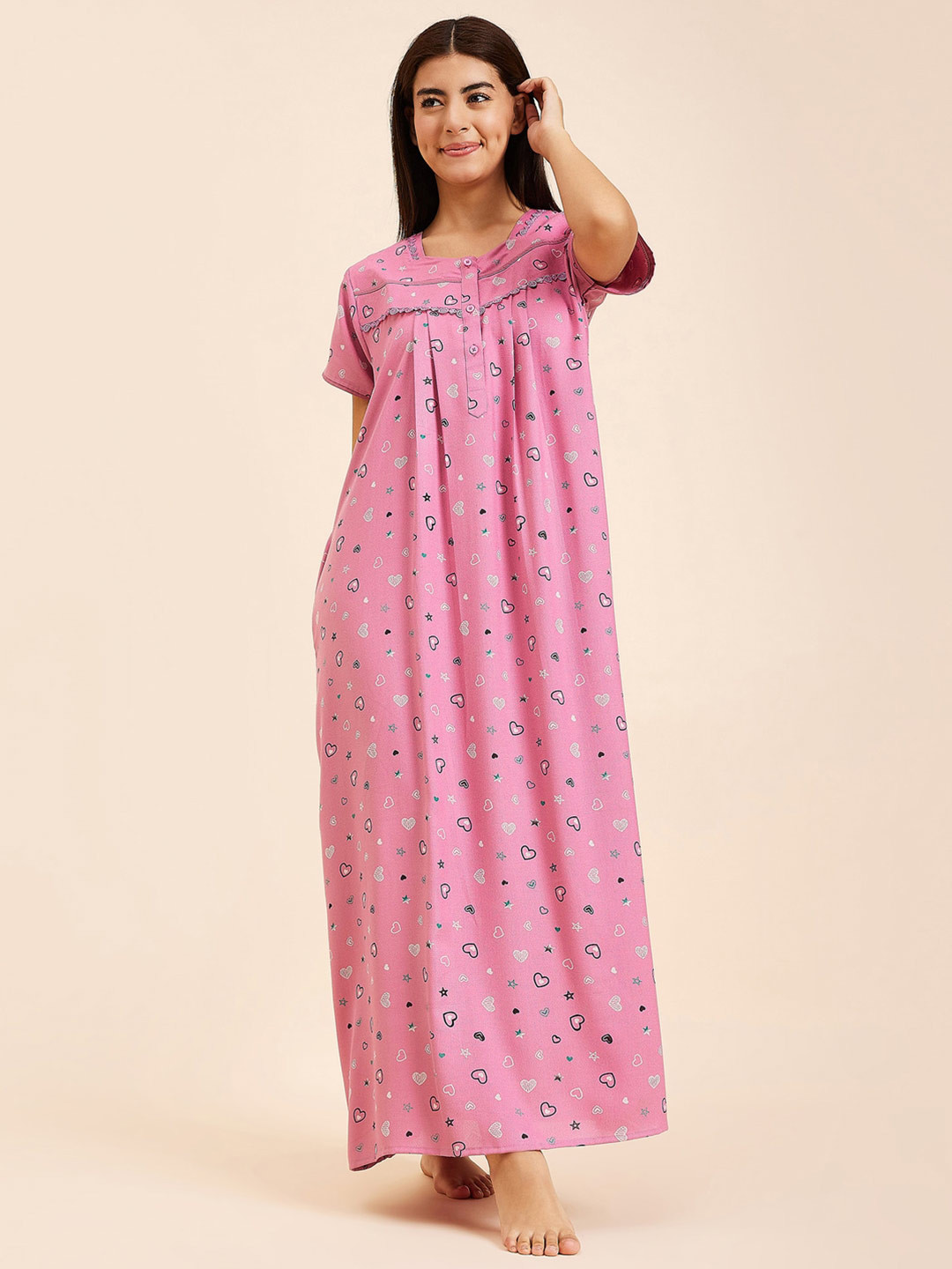

Sweet Dreams Conversational Printed Round Neck Short Sleeves Pure Cotton Maxi Nightdress, Pink