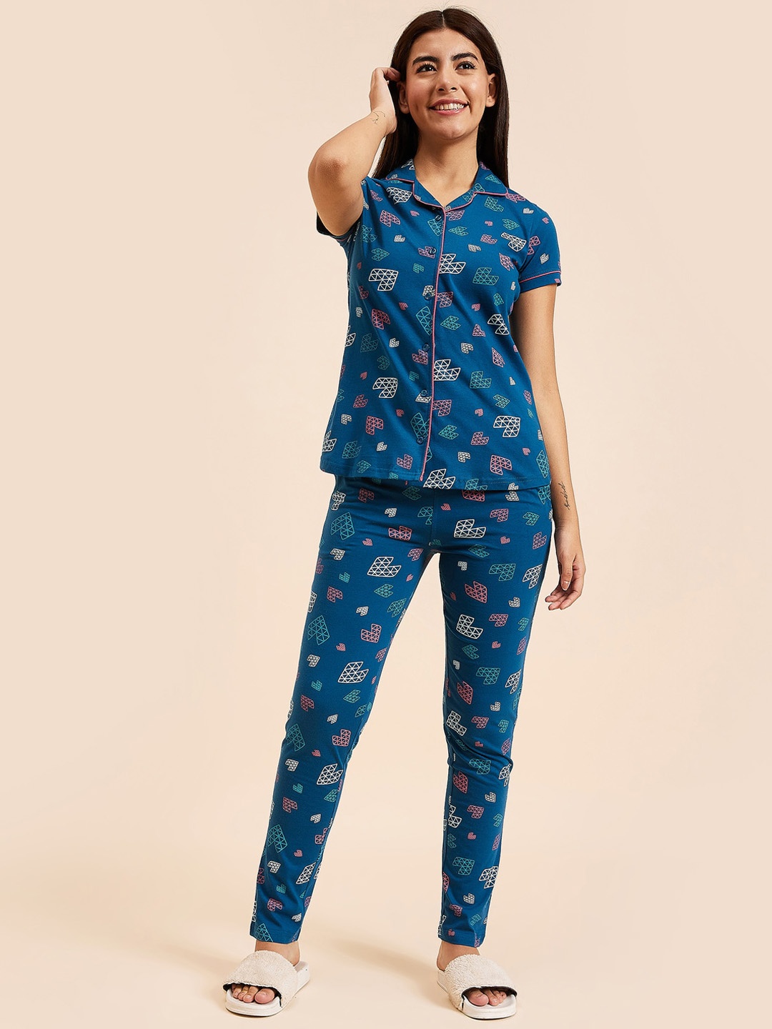 

Sweet Dreams Navy Blue & White Printed Night suit