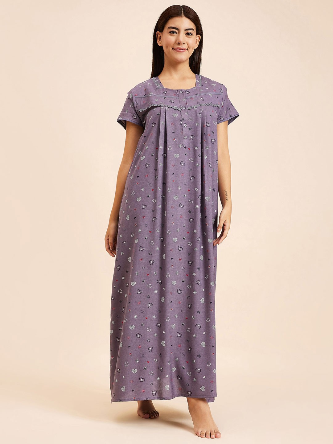 

Sweet Dreams Conversational Printed Round Neck Short Sleeves Pure Cotton Maxi Nightdress, Grey