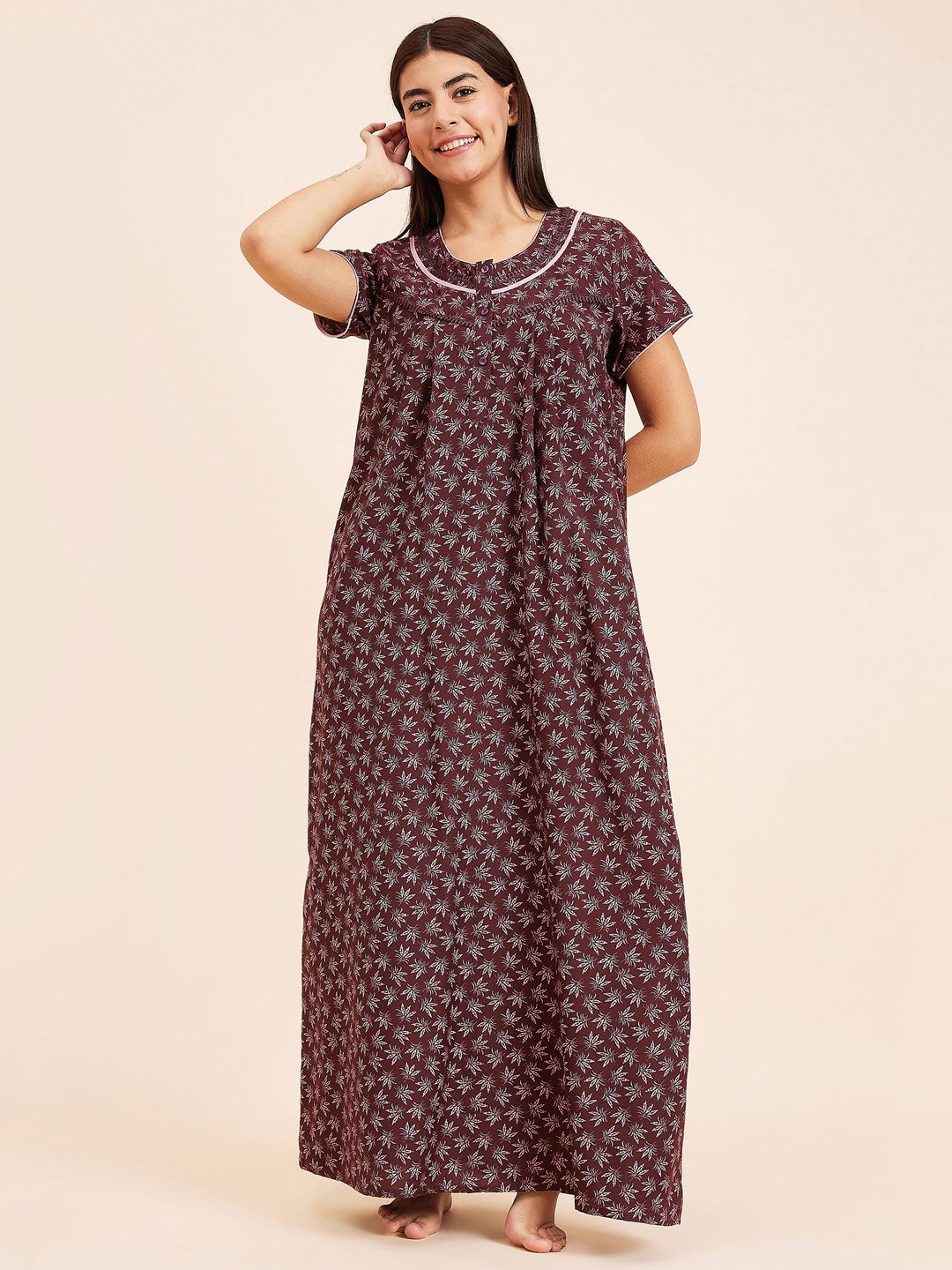 

Sweet Dreams Floral Printed Round Neck Maxi Nightdress, Maroon